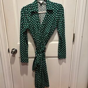 Diane Von Furstenberg Teal and White Long Sleeve Dress